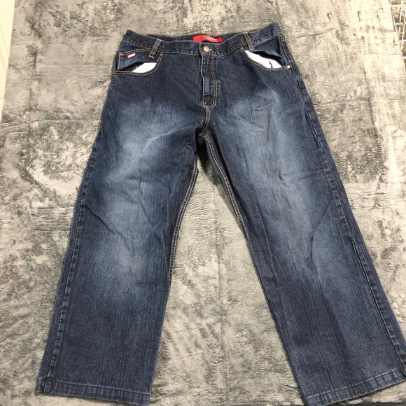 Mecca Baggy Jeans Mens 40x34 Dark Indigo Blue Embroidered Star Logo Streetwear - Picture 3 of 9